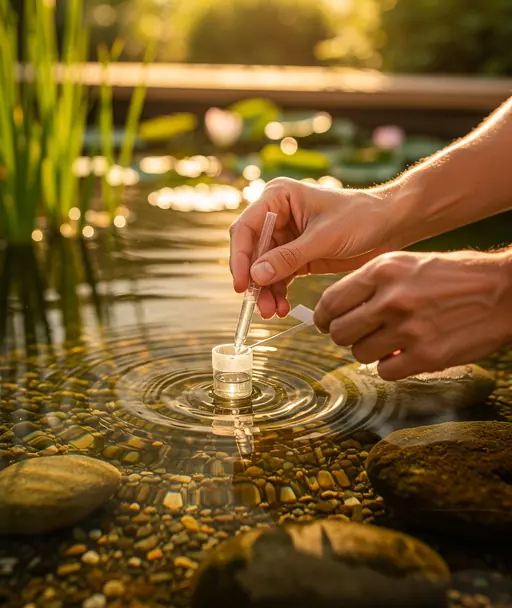 Close-up photo of hands testing water quality in a natural swimming pond, aquatic plants and stones visible, warm golden light, realistic photography, shallow depth of field, eco-friendly garden atmosphere, high resolution