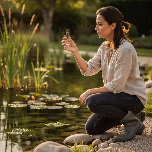 Warm lifestyle photo of a French woman in her late 30s analyzing water clarity beside a natural swimming pond, aquatic plants and stones visible, soft golden light, realistic photography, high resolution, calm and professional mood

