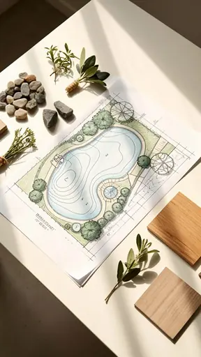 Bright photo of a worktable with landscape design sketches and a pond layout plan, natural materials samples (stones, plants), sunlight through a window, realistic photography, high resolution, clean and calm composition
