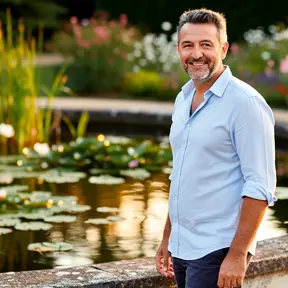 Portrait of a French man in his 50s standing beside a decorative pond with aquatic plants, warm sunlight, authentic smile, high resolution, natural colors, lifestyle photography
