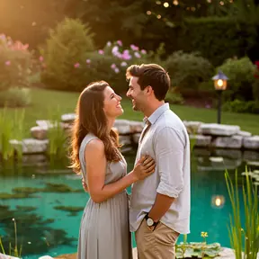 Portrait of a young French couple in their 30s near a landscaped natural pool, soft evening light, joyful and natural expression, realistic photography, garden setting
