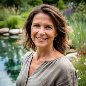 Portrait of a French woman in her 40s smiling outdoors near a natural swimming pond, soft natural light, relaxed expression, realistic photography, shallow depth of field, eco-friendly garden background
