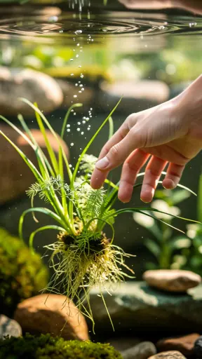 Close-up photo of hands gently touching aquatic plants used for natural filtration in a pond, soft daylight, shallow depth of field, realistic photography, high resolution, eco-friendly garden atmosphere
