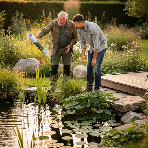 Lifestyle photo of an experienced landscape designer explaining a natural swimming pond to a younger homeowner, both observing aquatic plants near the water, soft warm light, realistic photography, eco-friendly garden setting, high resolution
