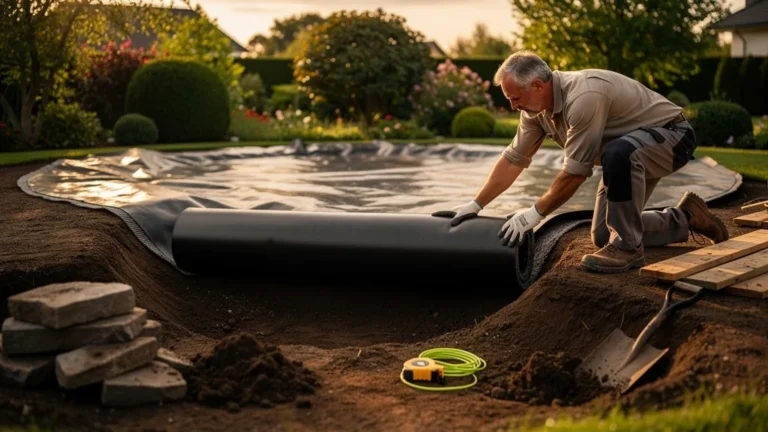 Bâche EPDM 1 mm pour bassin 20 m², pose en cours dans un jardin, choix assumé