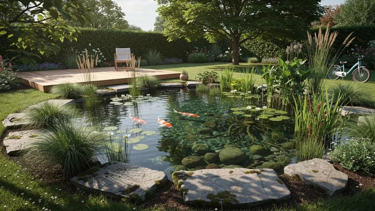 Bassin à poissons et bassin végétal dans un jardin familial verdoyant
