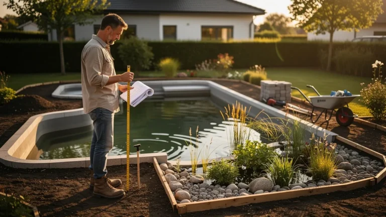 Bassin 35 m² avec palier et lagunage dans un jardin, illustration réaliste de planification