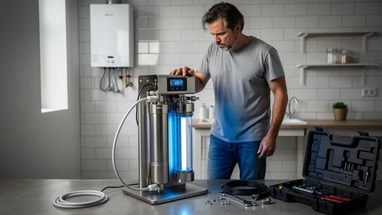 Homme frustré devant un système de filtration UV installé pour rien, illustrant 150 € perdus