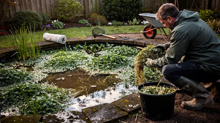 Bassin envahi par des plantes flottantes invasives à retirer après un achat en jardinerie