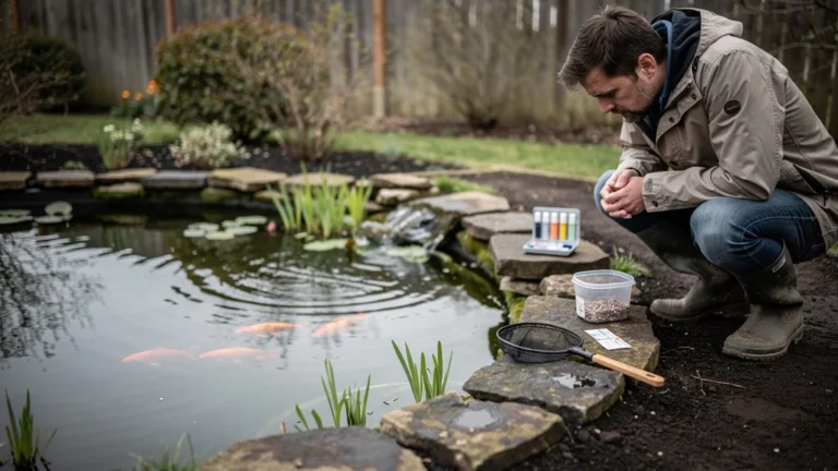 Pond jeune avec poissons rouges et propriétaire inquiet, illustrant la perte de 7 poissons en 3 mois