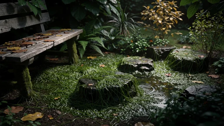 Pond overtaken by filamentous algae due to a too shaded location, illustrating algal overgrowth caused by poor site choice
