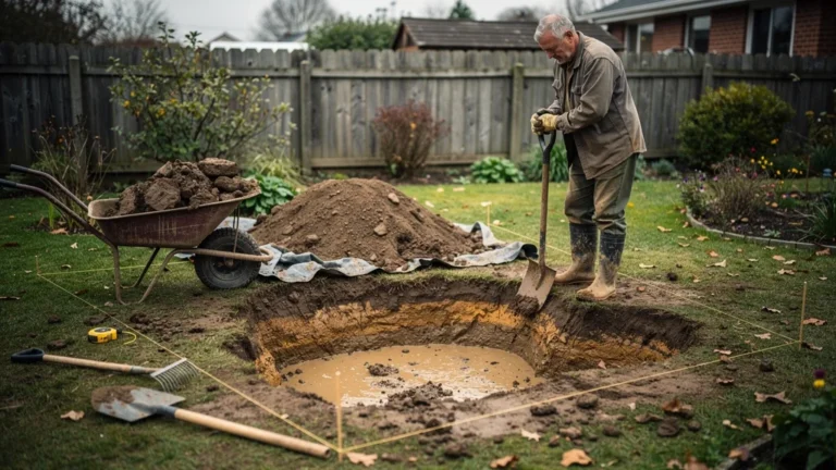 Creuser une mare écologique de 4 m² dans un jardin argileux, avec le volume de terre retiré visible