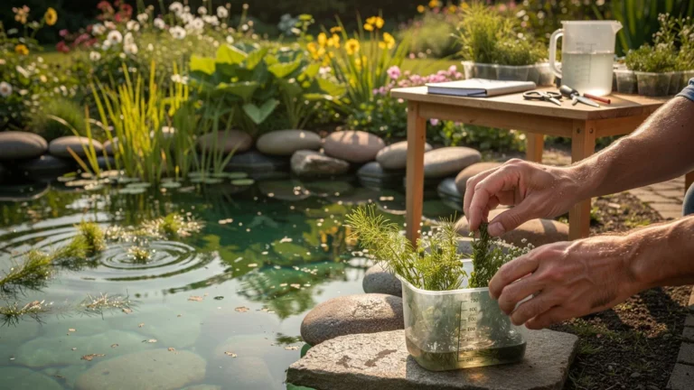 Dosage de plantes oxygenantes dans un bassin avant l’été, scène réaliste de jardinage aquatique