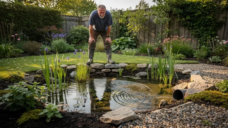 Zone de lagunage dans un jardin, avec dérive d’eau visible et aménagement écologique naturel