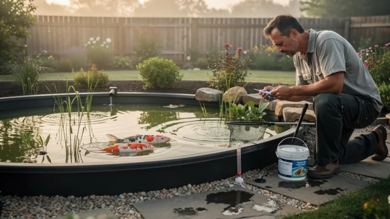Koi dans un bassin trop jeune, eau trouble et propriétaire inquiet, signe d’alerte trop tard
