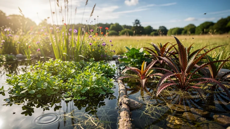 Étang aménagé avec plantes oxygénantes locales et variétés exotiques en pleine croissance