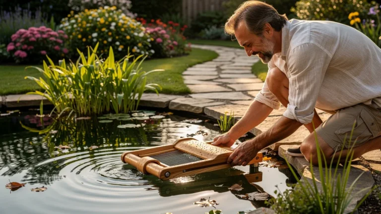 Skimmer de surface artisanal flottant sur un bassin de baignade naturel clair et paisible