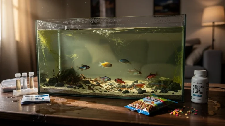 Aquarium avec poissons morts après erreur sur le cycle de l'azote, illustrant un carnage évitable
