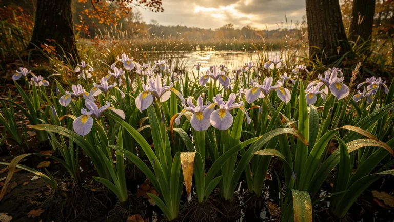 Invasion rapide des iris d'eau envahissant un étang en deux saisons, plantes aquatiques en expansion dense