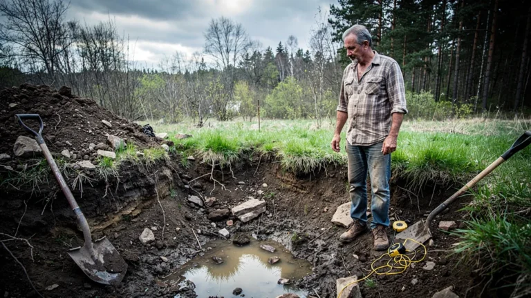 Homme regrettant son premier bassin creusé sans étudier le terrain, scène rurale réaliste et détaillée