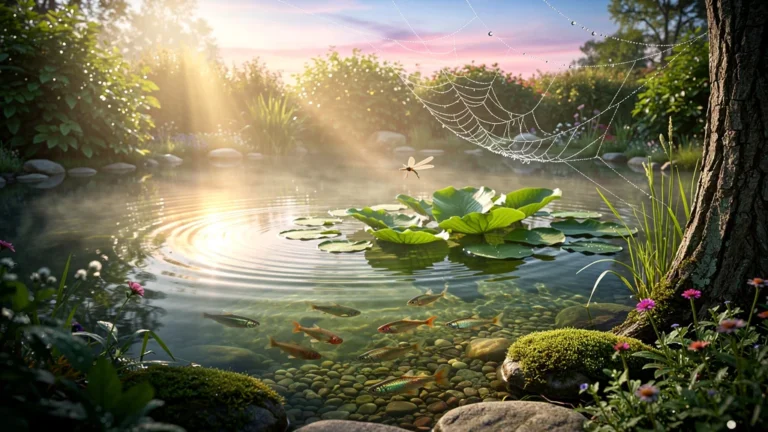 Bassin naturel à l'eau limpide et transparente sans produit chimique, reflet du soleil et faune visible