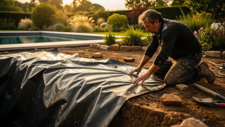 Membrane EPDM gondolée sous piscine naturelle en autoconstruction révélant complexité du projet