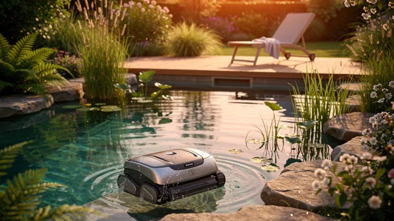 Robot de piscine naturelle en action dans un bassin clair entouré de végétation luxuriante au coucher du soleil