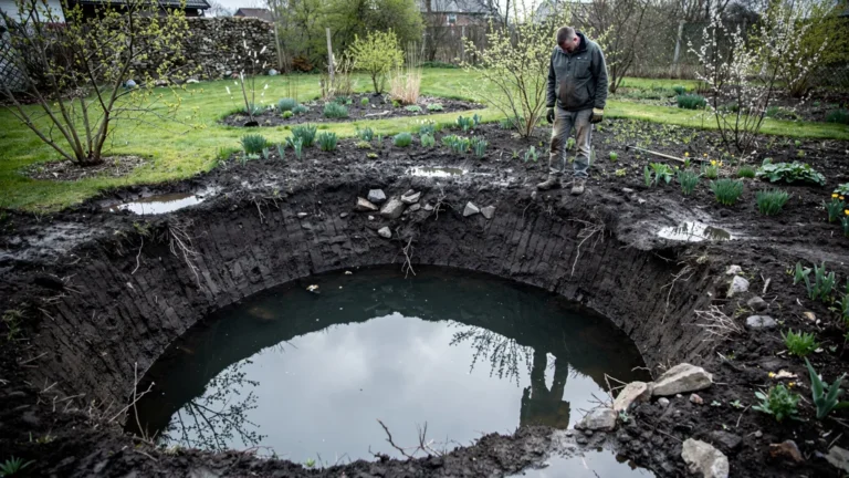 Bassin creusé sans palier dans un jardin au printemps, avec berges abruptes et ambiance de regret