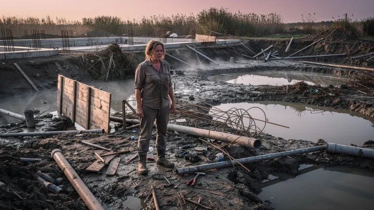 Femme frustrée sur chantier boueux sans zone de lagunage, expérience cauchemardesque à reprendre