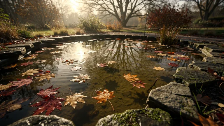 Pond with murky bottom caused by fallen leaves accumulating without protection, autumn garden scene