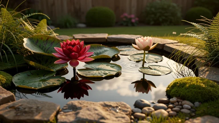 Bassin de 5 m² avec nénuphar rustique et nénuphar nain, comparaison réaliste en jardin