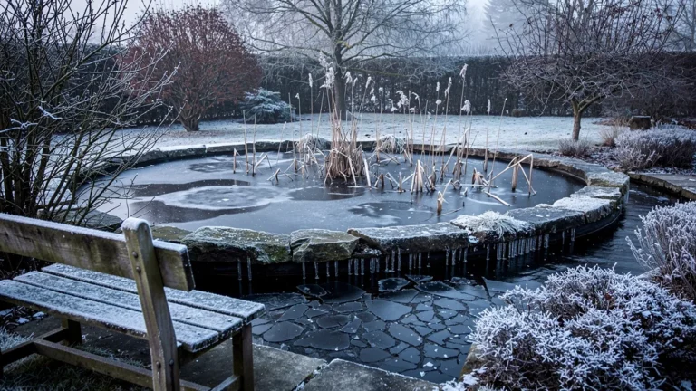 Pond shallower than 1.5m frozen in winter causing ice damage, illustrating depth-related freezing issues