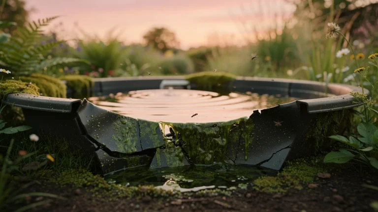 Bassin préformé en décomposition intérieure dans un jardin naturel, illustrant ses limites