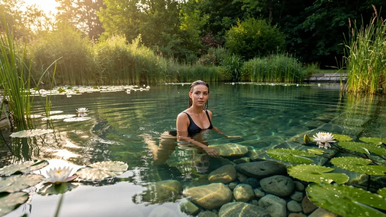 Bassin planté naturel pour nager, alternative saine à la piscine chlorée, entouré de plantes aquatiques luxuriantes