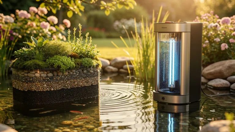 Comparaison photoréaliste entre filtration biologique lente et filtration UV puissante pour bassin