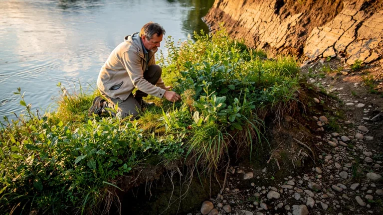 Berges en pente douce sécurisées par des plantes fixatrices, illustration naturelle et réaliste