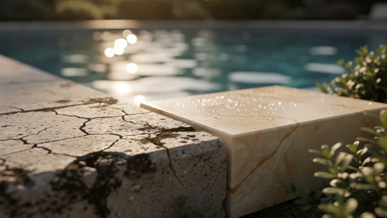 Margelle en pierre naturelle intacte à côté d’une margelle béton fissurée en extérieur