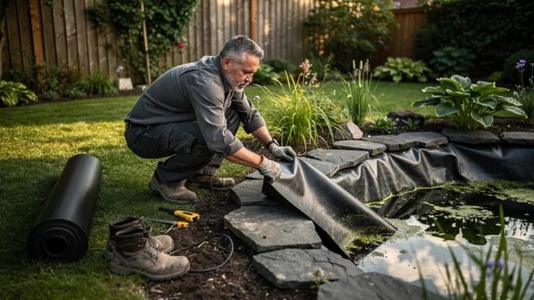 Remplacer ma bâche EPDM après 8 ans : inspection d’une bâche usée dans un jardin