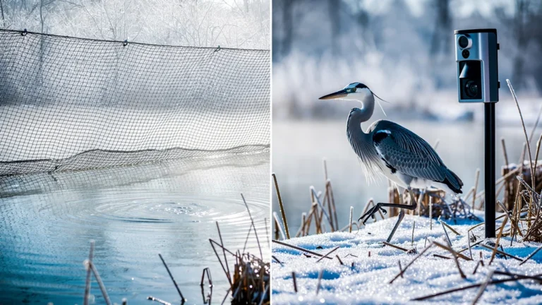 Comparaison réaliste d’un filet anti-héron et d’un système à détection de mouvement en hiver
