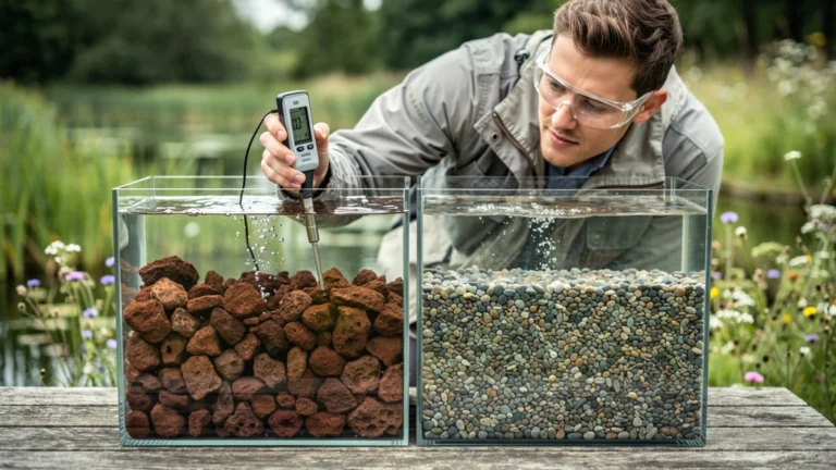 Comparaison réaliste pouzzolane et gravier roulé en filtration bio avec mesure oxygène