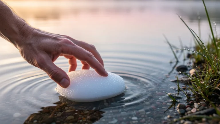 Main touchant pierre immaculée avec biofilm glissant près d'eau claire au petit matin