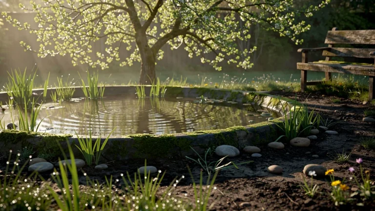 Plein printemps, bassin de jardin partiellement vidé révélant l’équilibre fragile de l’écosystème