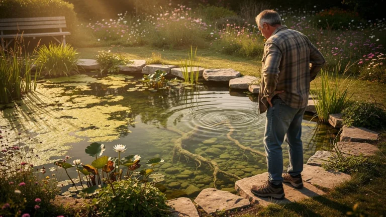 Un homme désemparé devant un bassin déséquilibré après avoir lâché ses poissons trop tôt