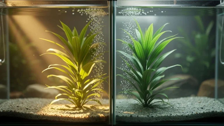 Deux oxygénantes plantées côte à côte dans l’eau claire pour comparer la clarté et la lumière