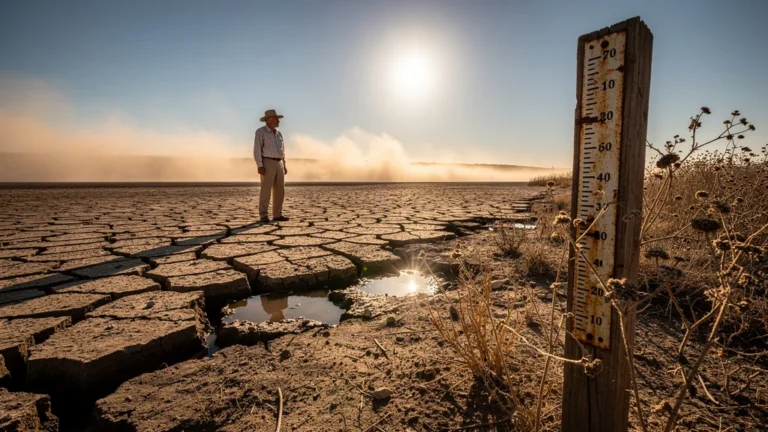 Canicule extrême réduisant rapidement le niveau d'eau d'un réservoir asséché en paysage réaliste