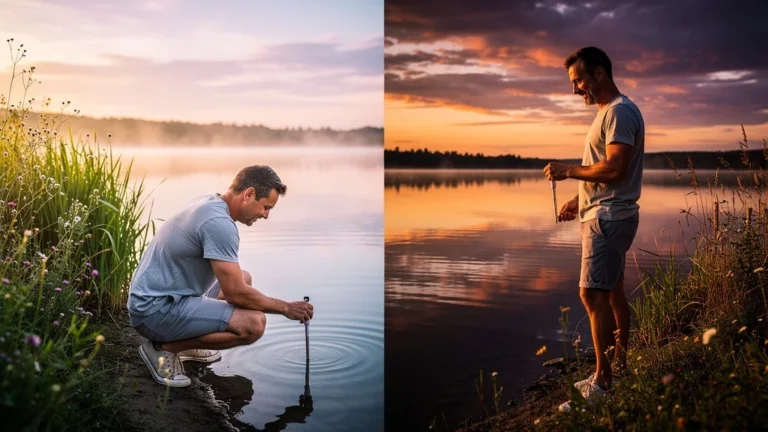 Personne mesurant la température du bassin matin et soir pendant un mois d'été en bord de lac