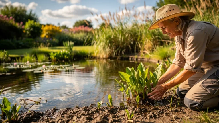 Jardinier examine les plantes de berge en reprenant après avoir vidé un quart du bassin