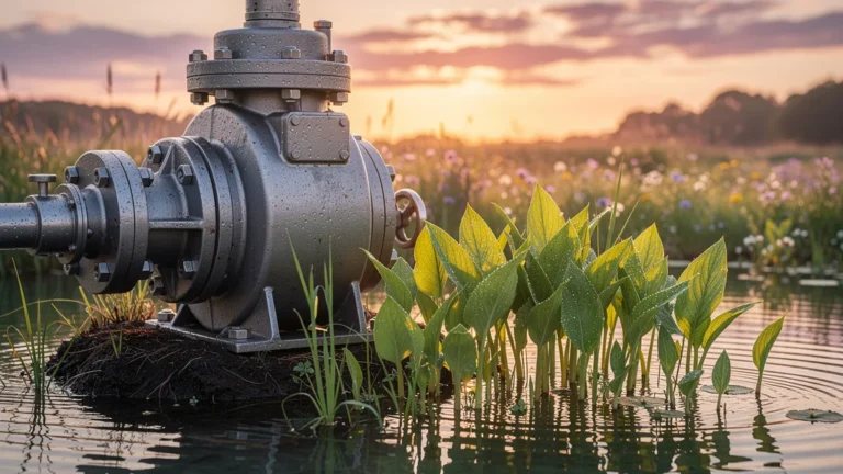 Pompe industrielle et plantes aquatiques dans une zone de lagunage pour restauration écologique