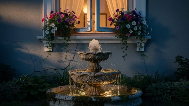 Cascade décorative sous une fenêtre de chambre, jolie le jour mais bruyante la nuit