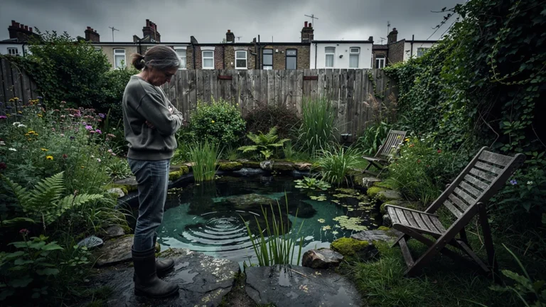 Petite piscine naturelle envahissante dans un jardin étroit, illustrant un rêve devenu cauchemar